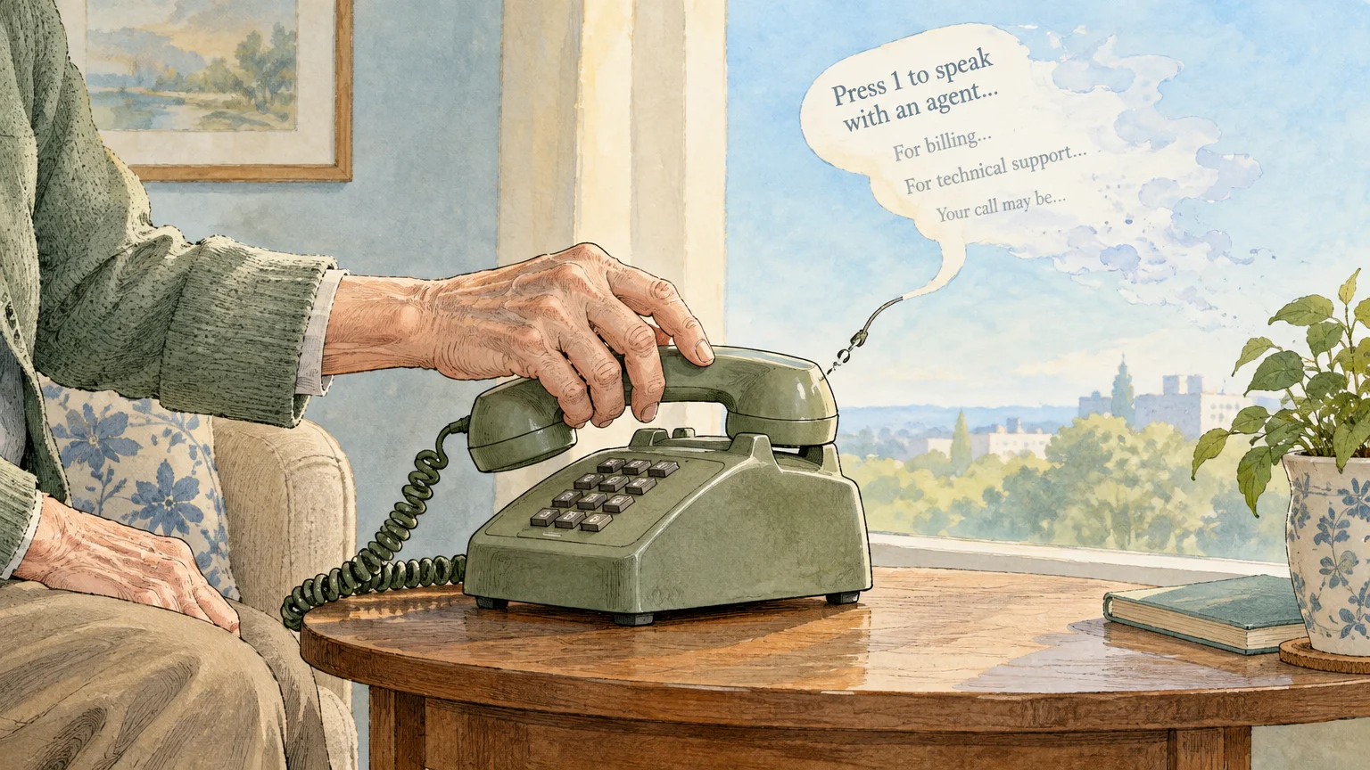 Illustration of an older person reaching for a landline phone hooked by a speech bubble of robocall automated prompts.