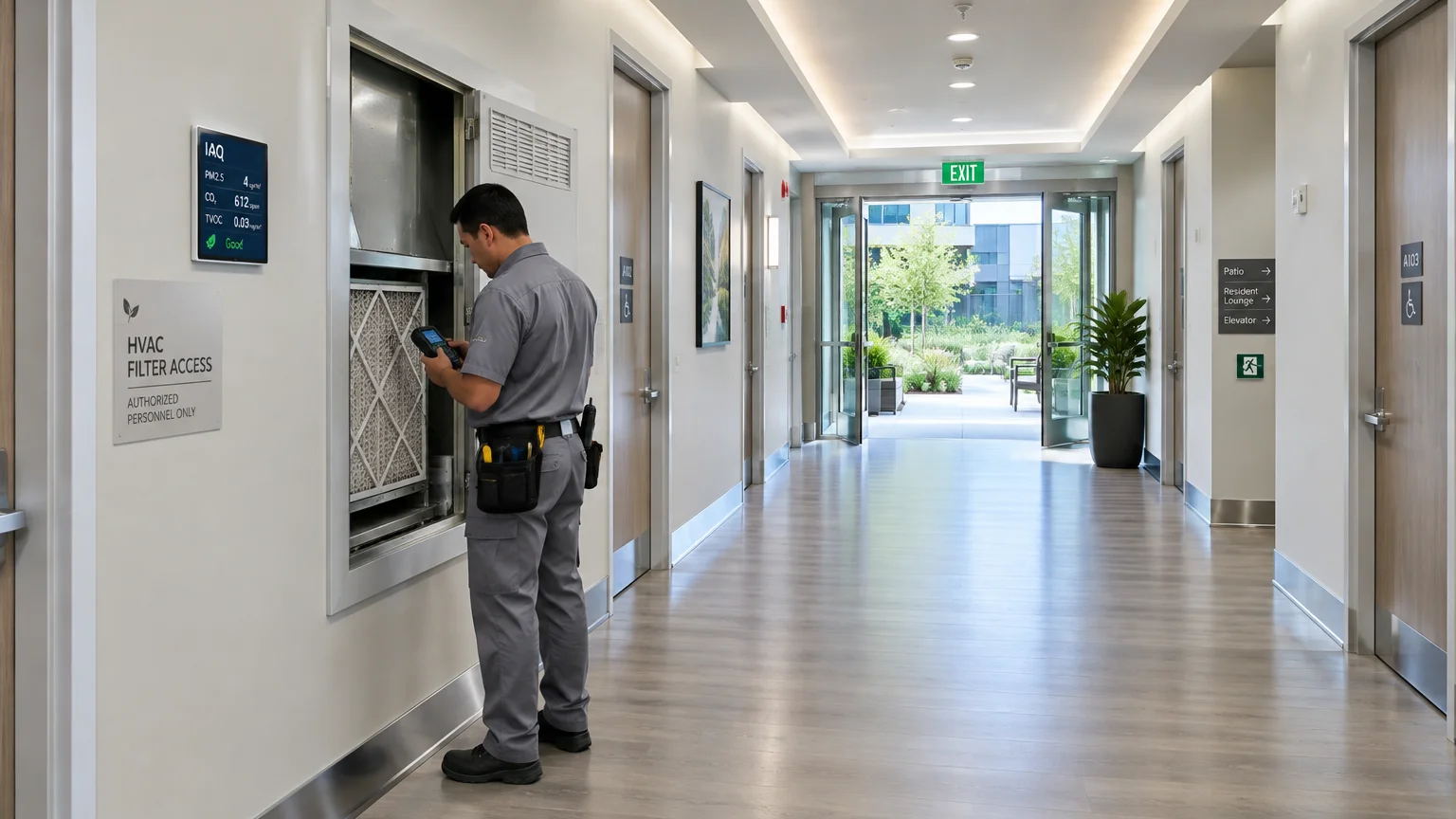 Maintenance worker inspecting an HVAC filter access compartment in a bright hallway leading to an outdoor courtyard.