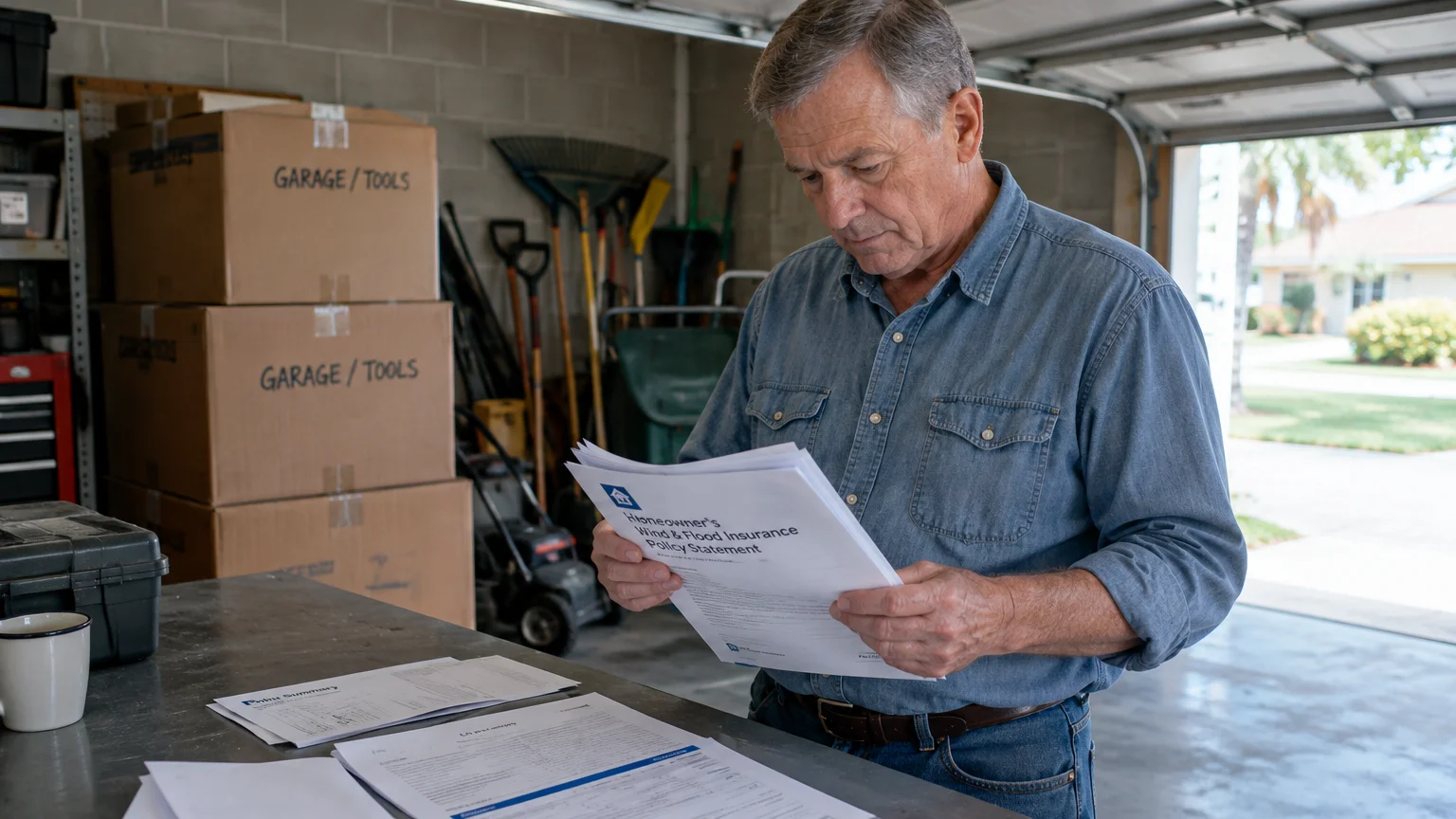 A man in a garage reviews a homeowner's wind and flood insurance policy statement near stacked moving boxes.