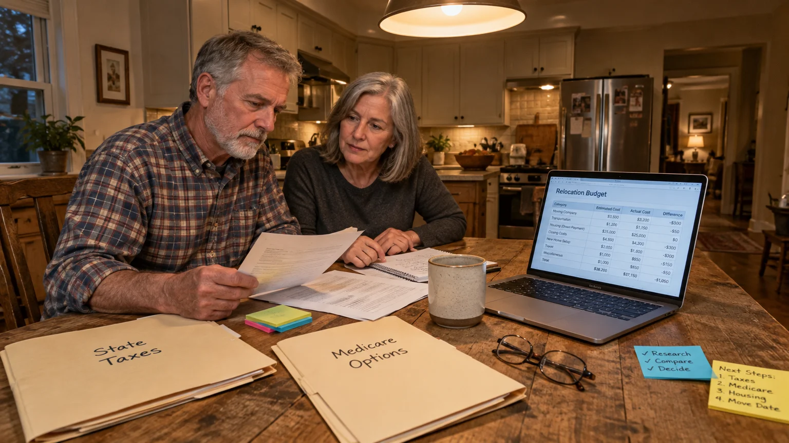 Older couple reviewing paperwork, folders labeled State Taxes and Medicare Options, and a laptop with a relocation budget.