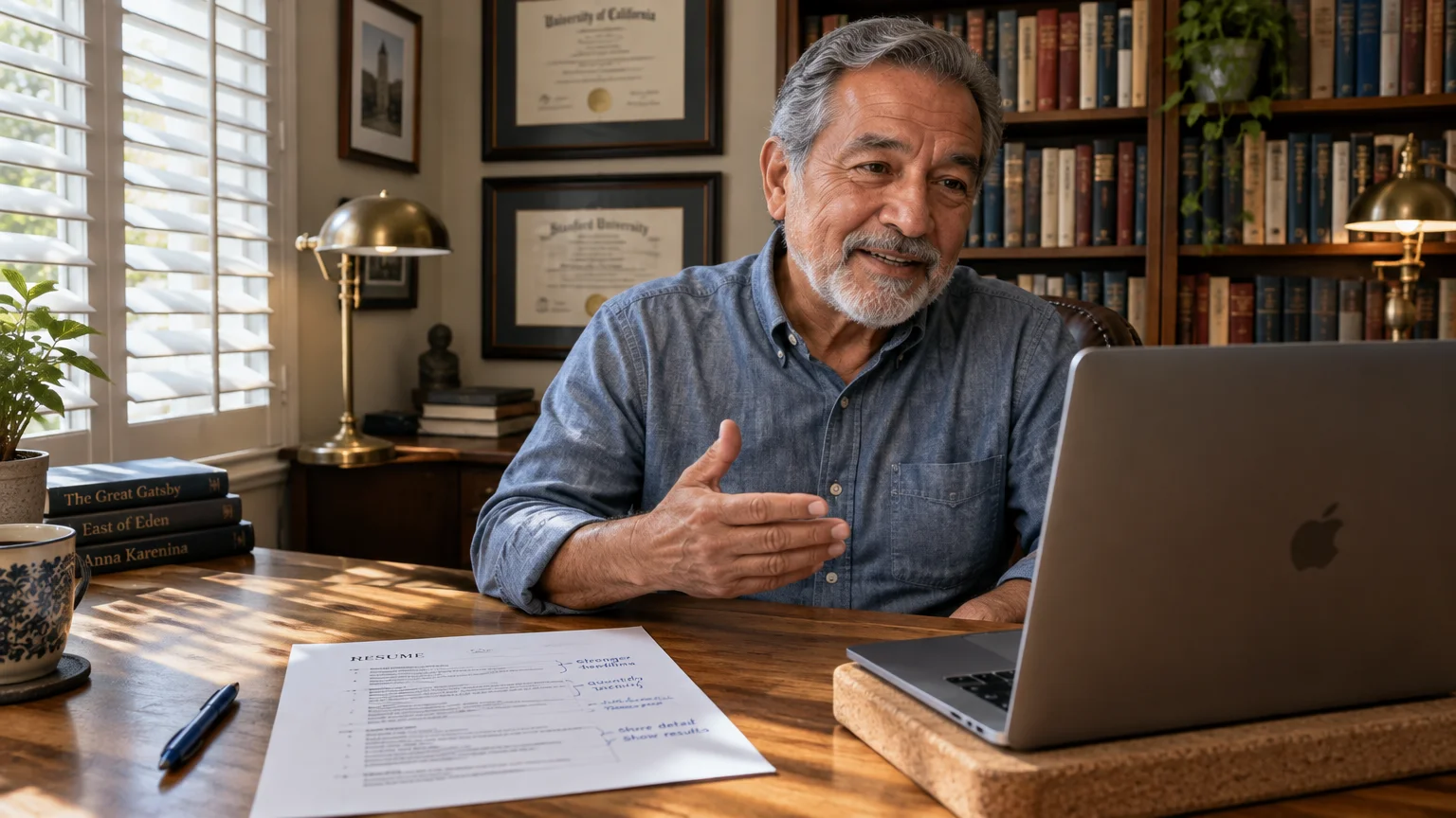 An older man with a gray beard speaks at his laptop beside a printed resume in a home office library.