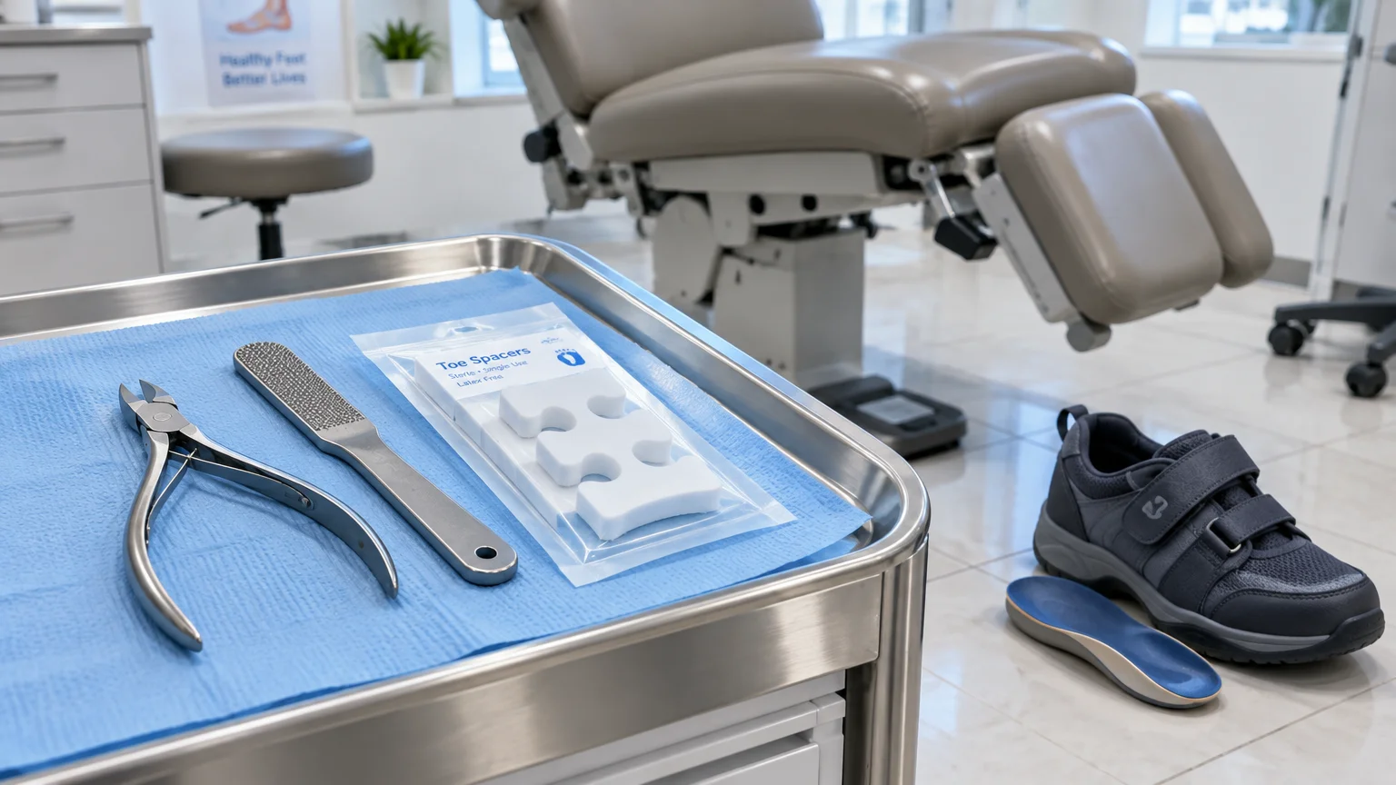 Podiatry tools, toe spacers, an orthopedic shoe, and an insole next to an examination chair in a clinic.