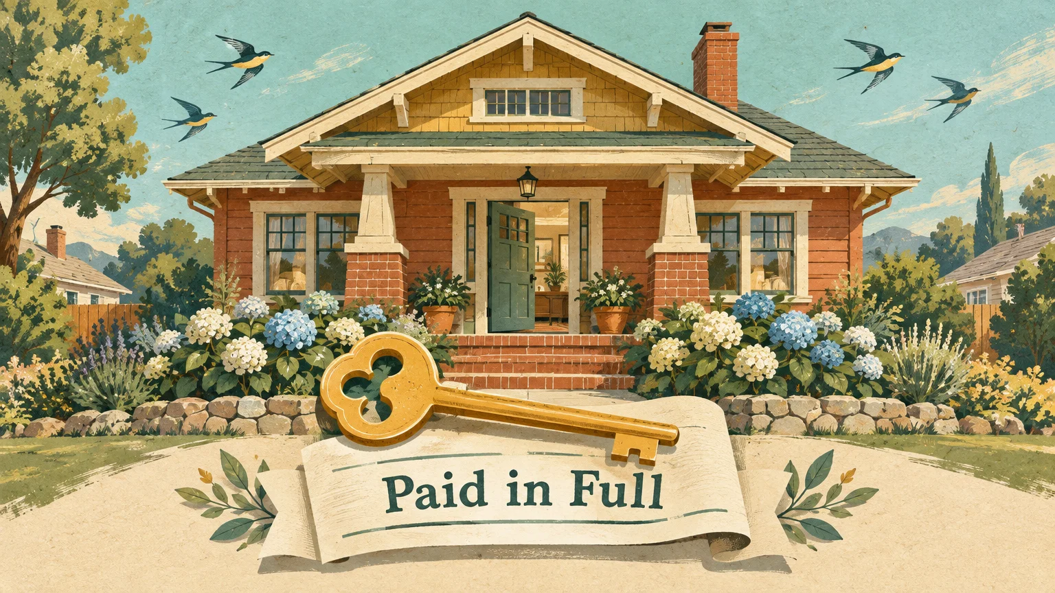 Illustration of a craftsman house with blooming hydrangeas, a golden key, and a banner reading Paid in Full.