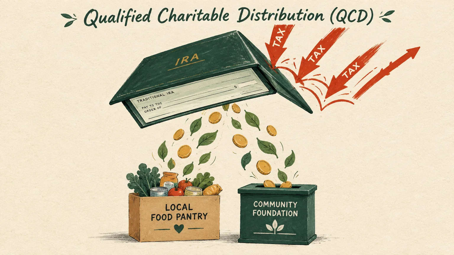 Illustration of an IRA checkbook deflecting tax arrows while dropping coins into a food pantry box and donation bin.