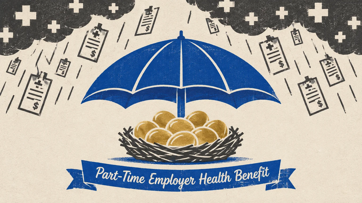 Illustration of a blue umbrella sheltering a nest of golden eggs from medical bills falling from clouds.