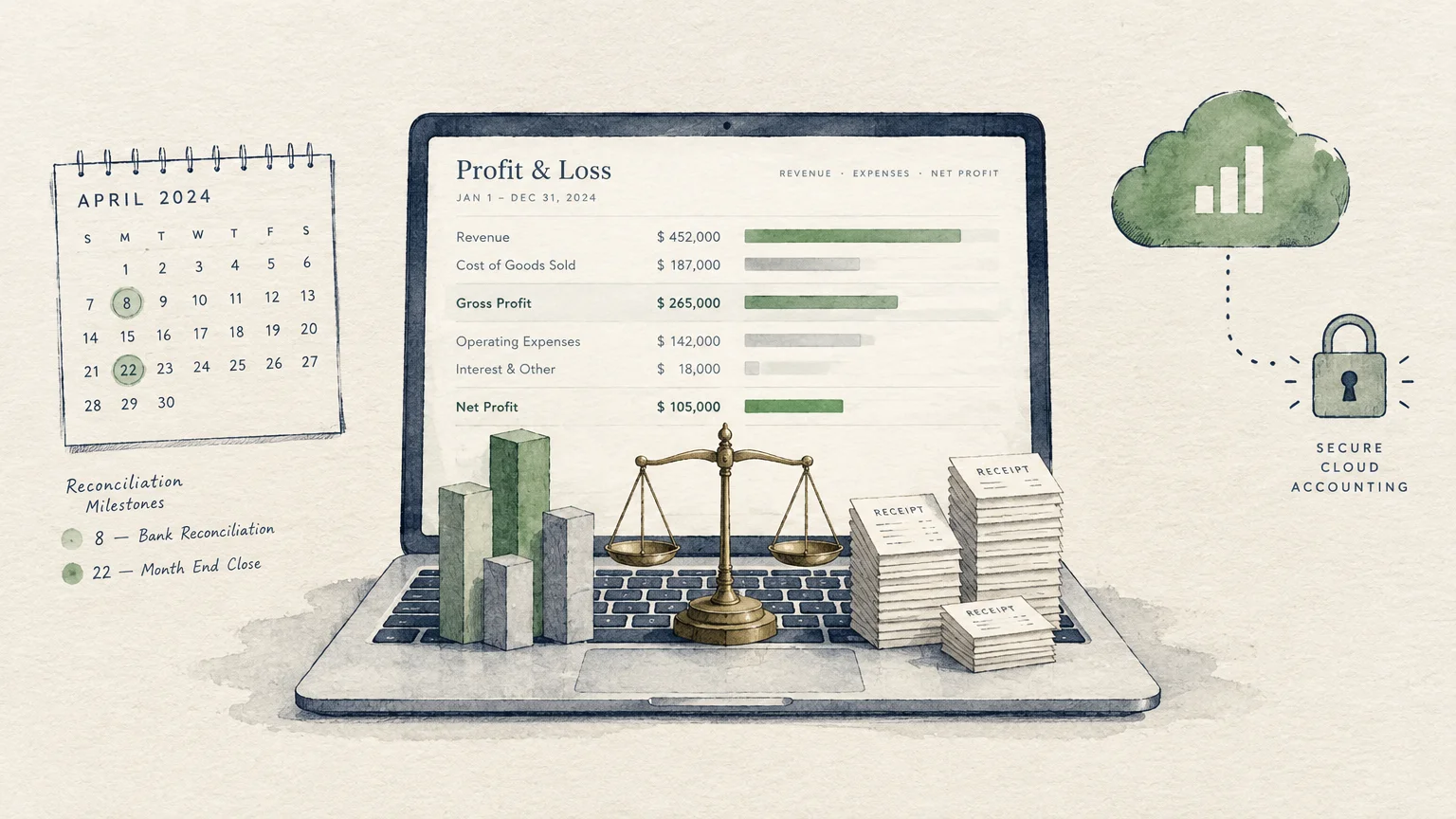 Illustration of a laptop displaying a profit and loss statement, with scales, receipts, bar charts, and a calendar.