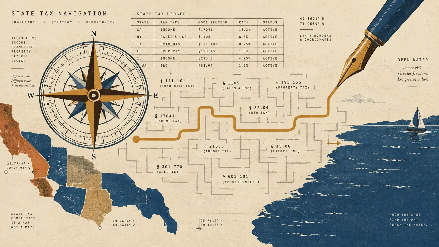 Illustration of a compass, state tax ledger, and a fountain pen tracing a path through a tax code maze toward the sea.