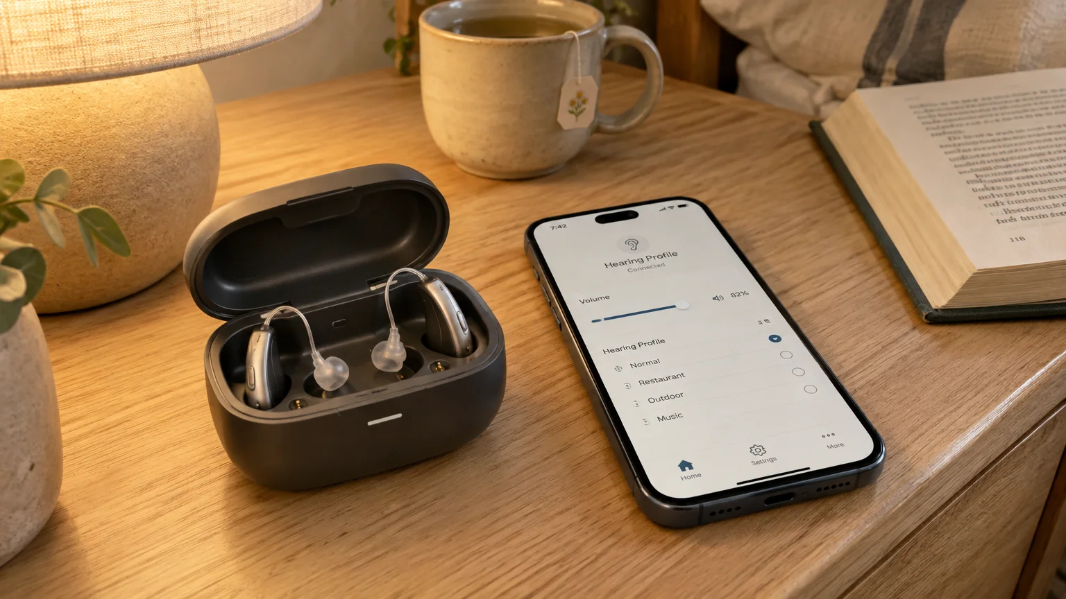 Hearing aids in an open charging case next to a smartphone displaying a hearing app on a wooden bedside table.