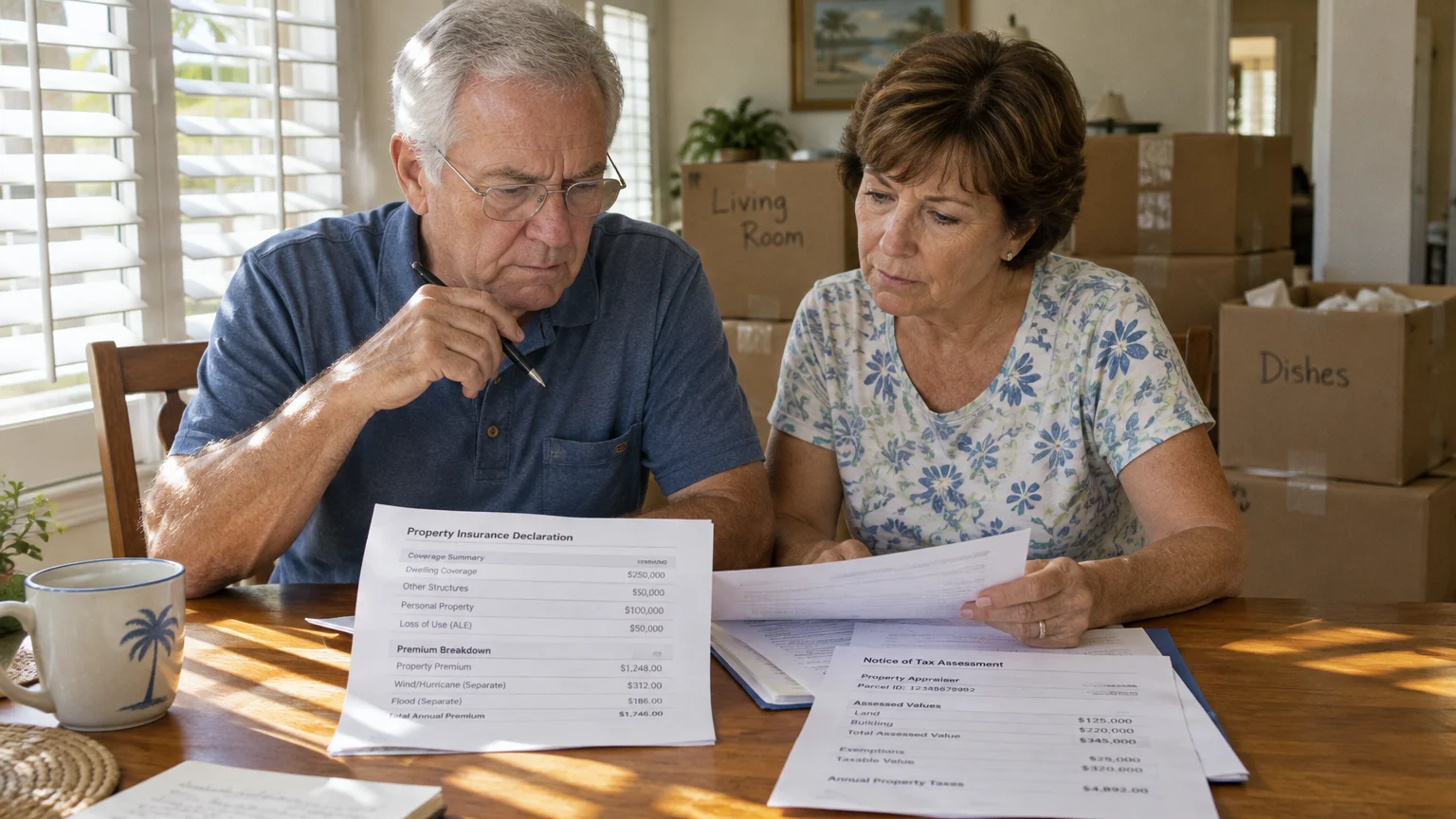 An older couple reviews property insurance and tax assessment documents at a table surrounded by packed moving boxes.