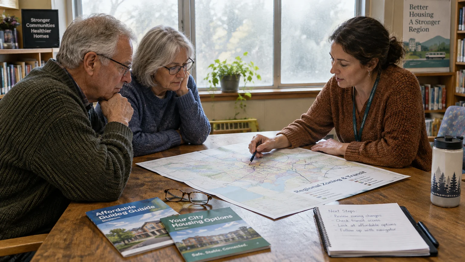 A woman points to a zoning map on a table while an older couple listens attentively in a library.
