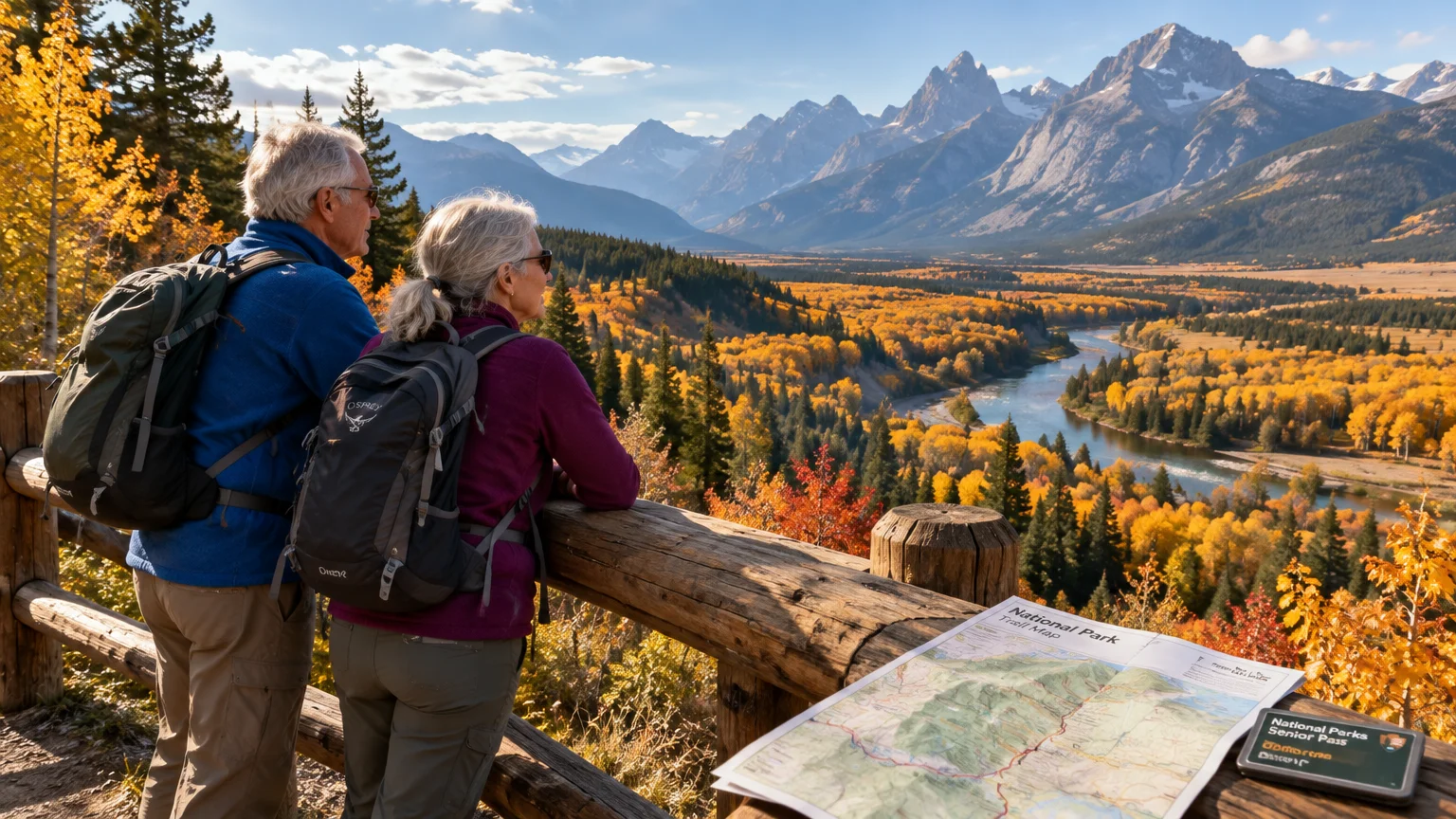Senior couple with backpacks overlooking an autumn mountain valley with a trail map and park pass on the wooden fence.