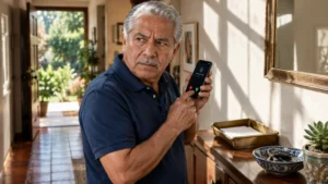 A concerned older man holding a smartphone showing an incoming call from an unknown caller in a home hallway.