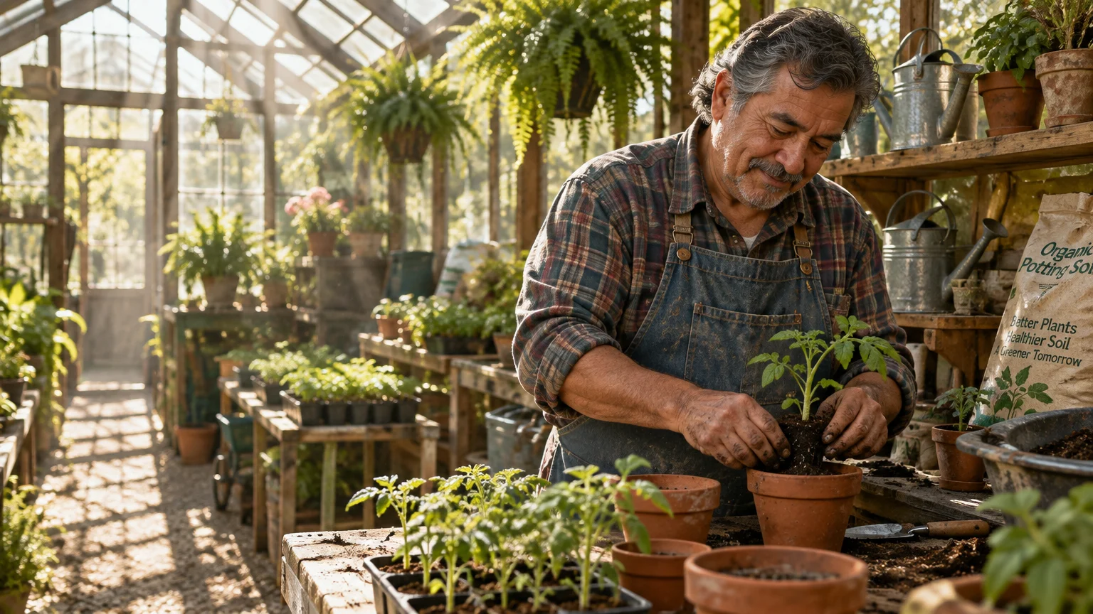 A smiling older man in an apron potting a plant inside a sunlit greenhouse filled with potted plants.