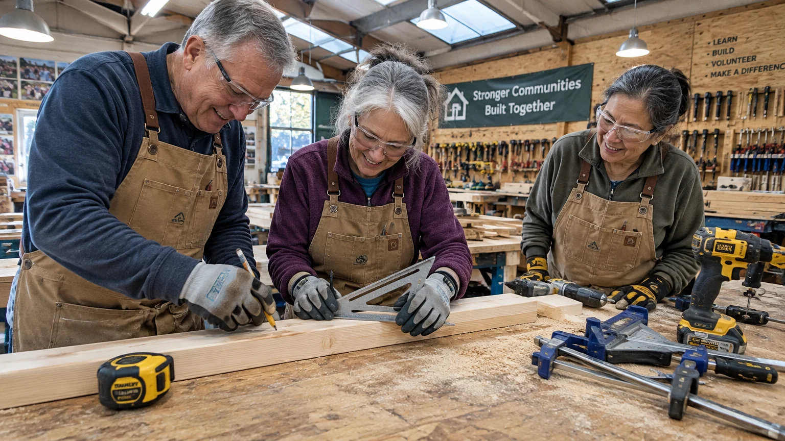 Three older adults wearing aprons and safety glasses measure lumber together at a workbench in a workshop.
