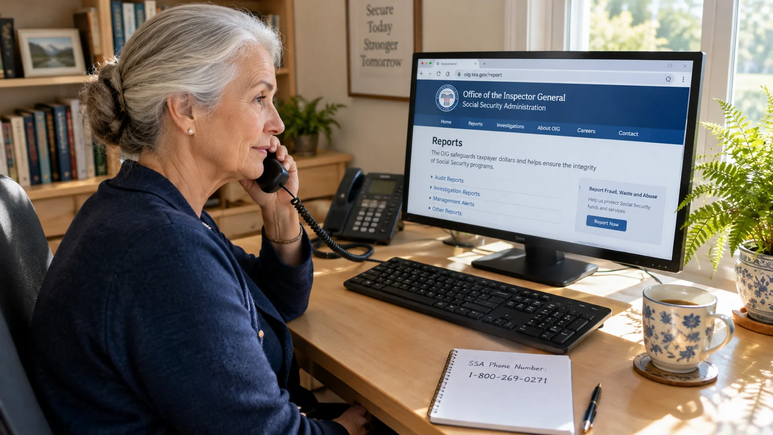 Woman on a landline telephone sitting before a computer showing the SSA Office of the Inspector General website.