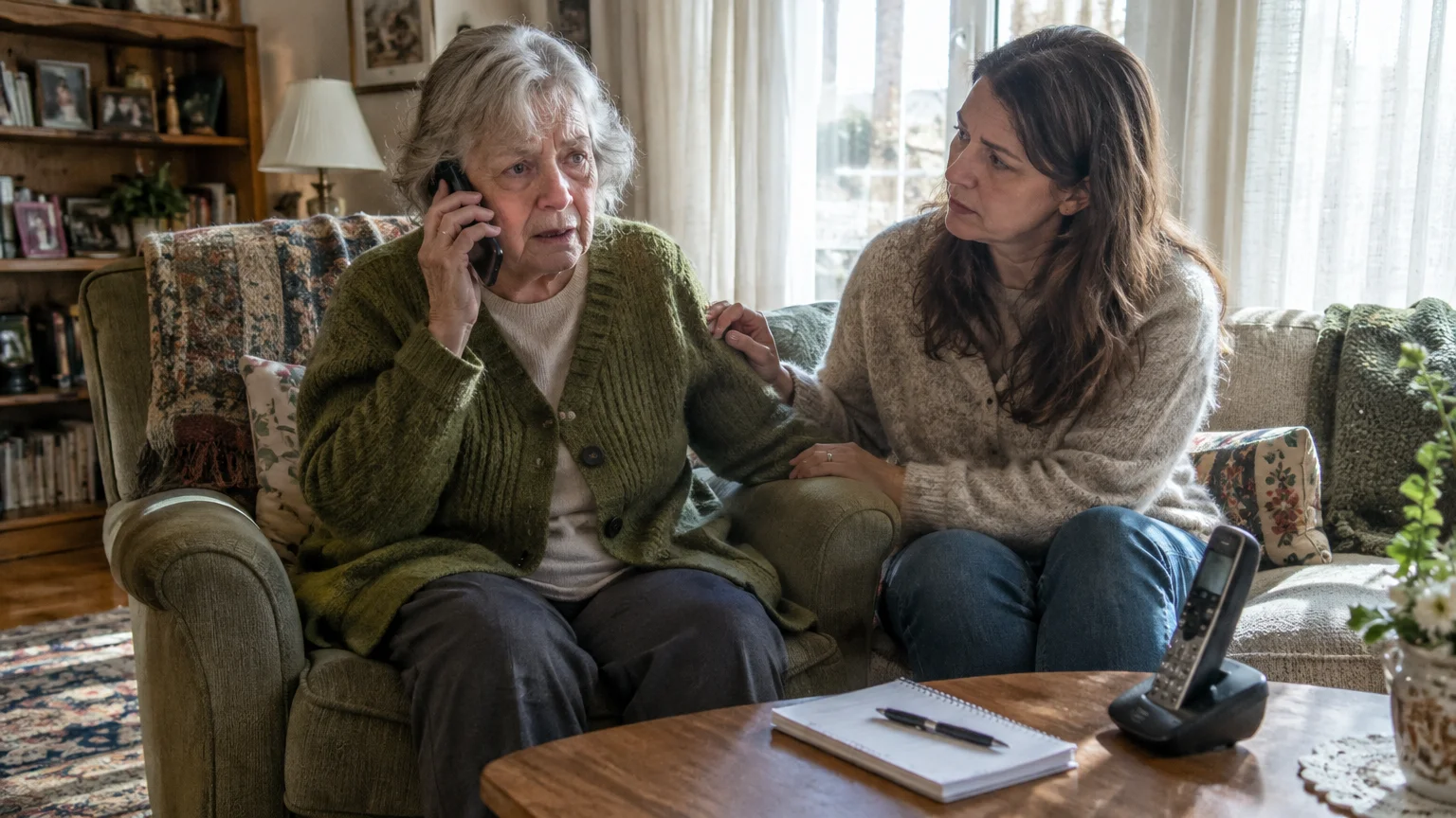 An older woman talks on a cell phone looking worried while a younger woman sits beside her offering comfort.