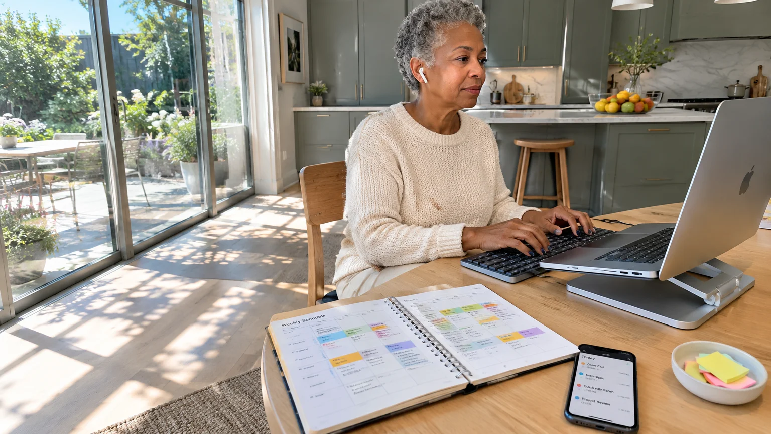 A woman types on a keyboard connected to a laptop on a stand, sitting by a planner and smartphone in a sunlit kitchen.