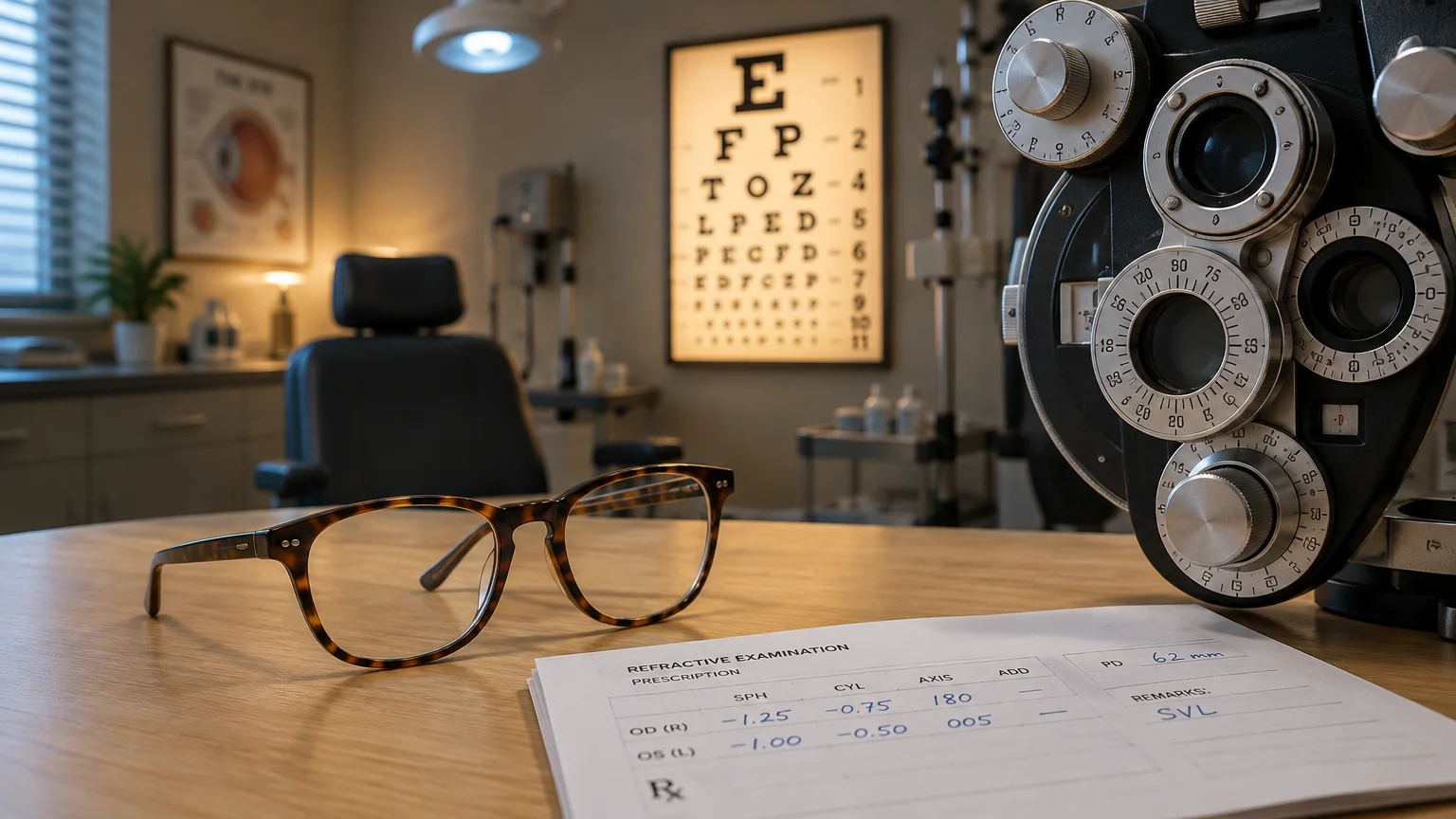 Tortoiseshell eyeglasses and an optical prescription sit on a desk beside a phoropter in an eye examination room.