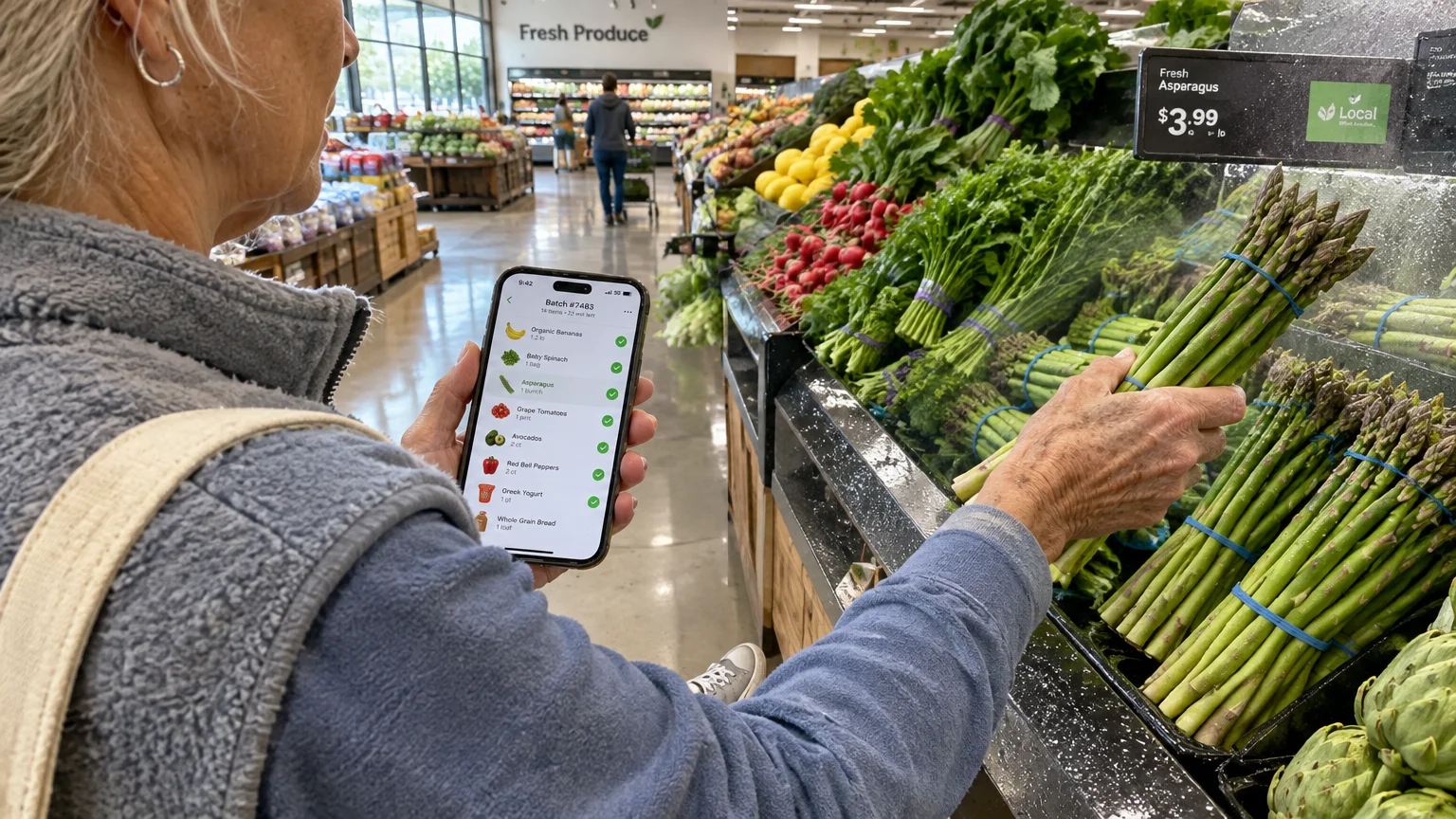 Person holding a smartphone with a grocery list app while selecting fresh asparagus in a supermarket produce aisle.