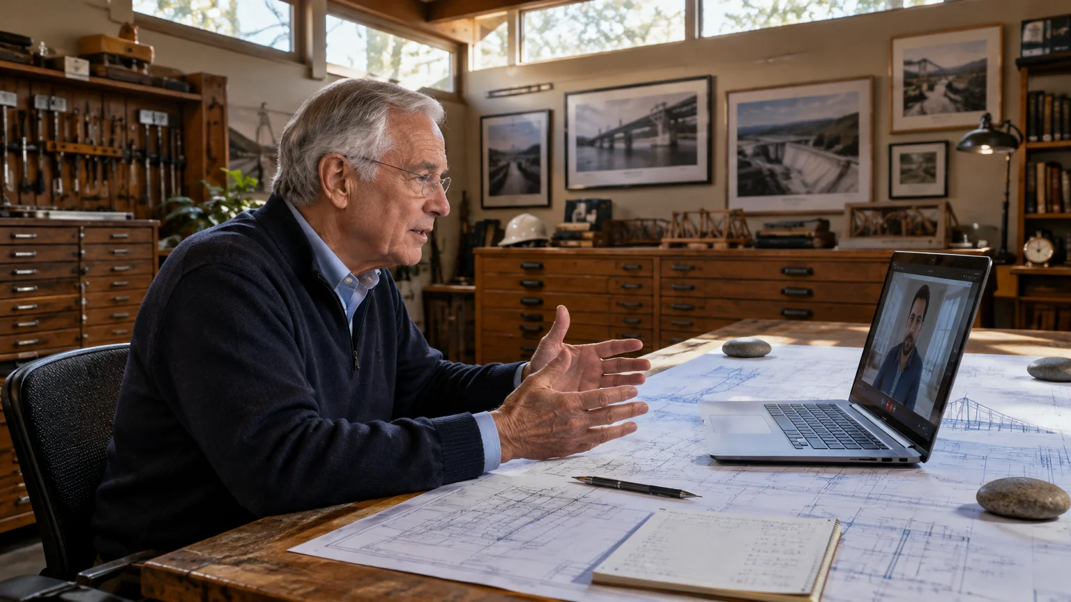 An older man with glasses talks on a video call on his laptop at a table covered in blueprints.