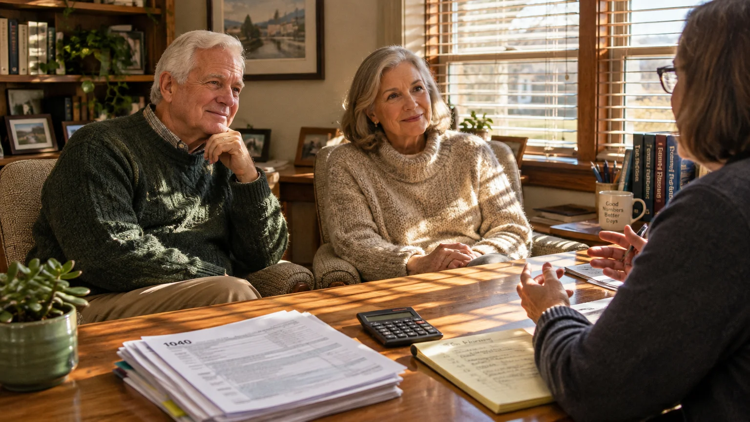 Senior couple sitting across a wooden desk listening to an advisor, with tax forms and a calculator in the foreground.