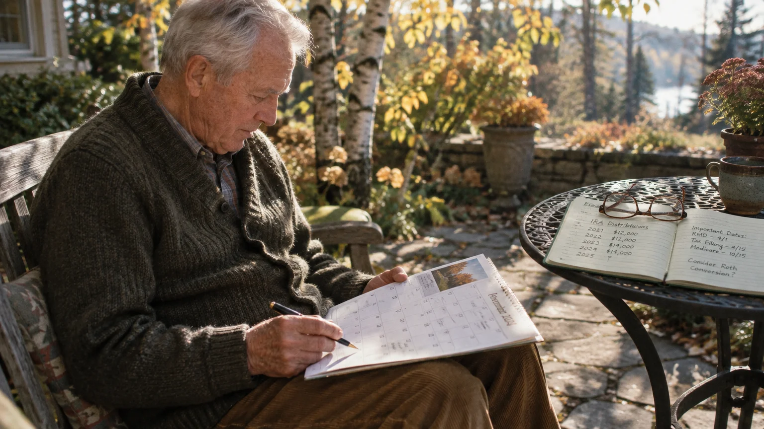 An older man writes on a calendar outdoors near a notebook detailing IRA distributions on a small table.