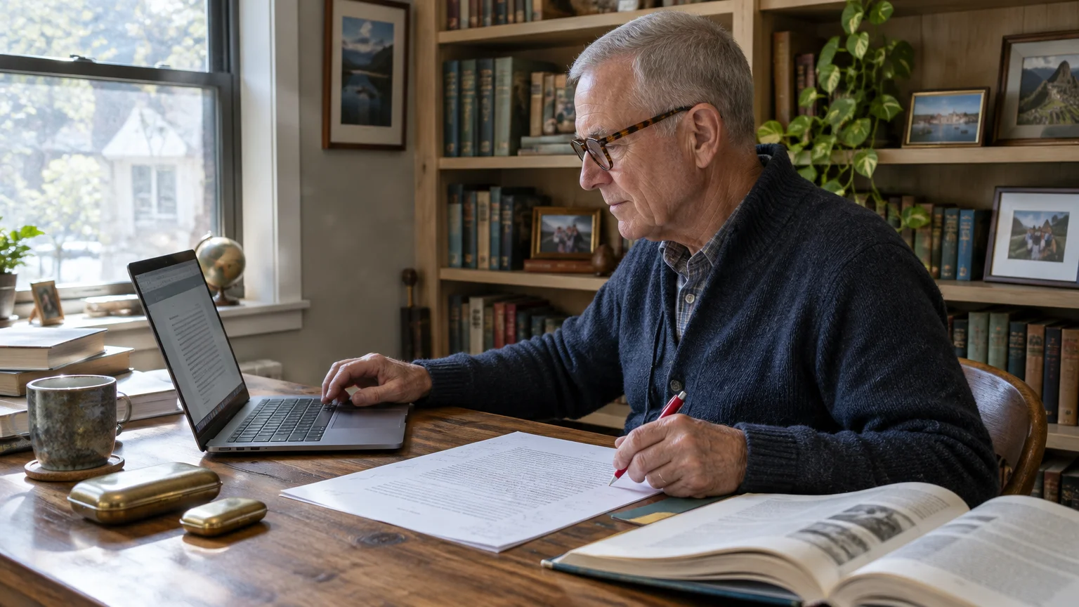 Senior man wearing glasses sits at a wooden desk with a laptop, writing on a manuscript with a red pen in a home library.