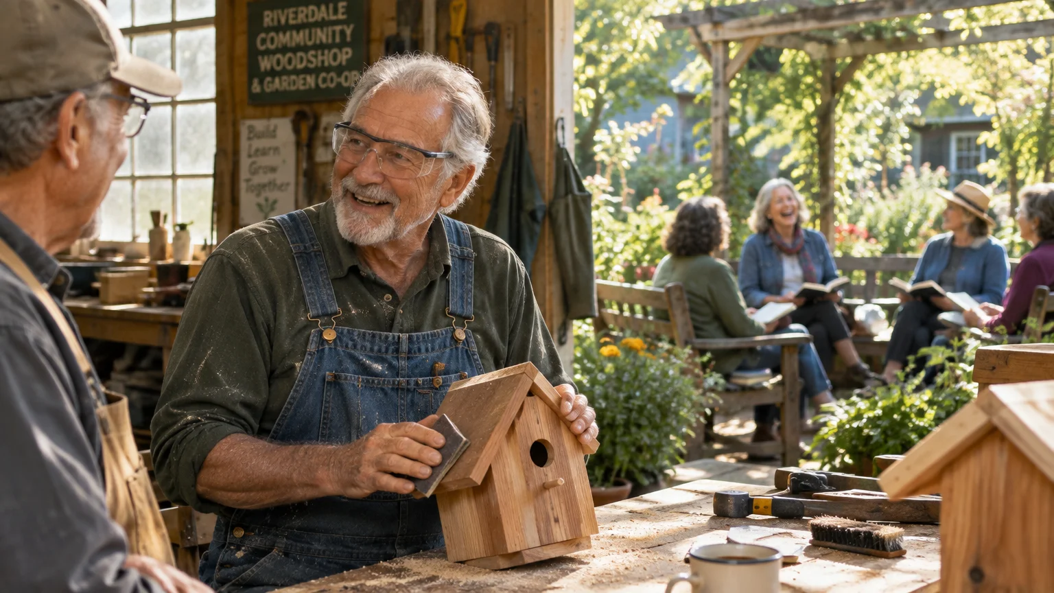 Senior men sand a wooden birdhouse in a workshop while a group of women read books together in a sunny garden.
