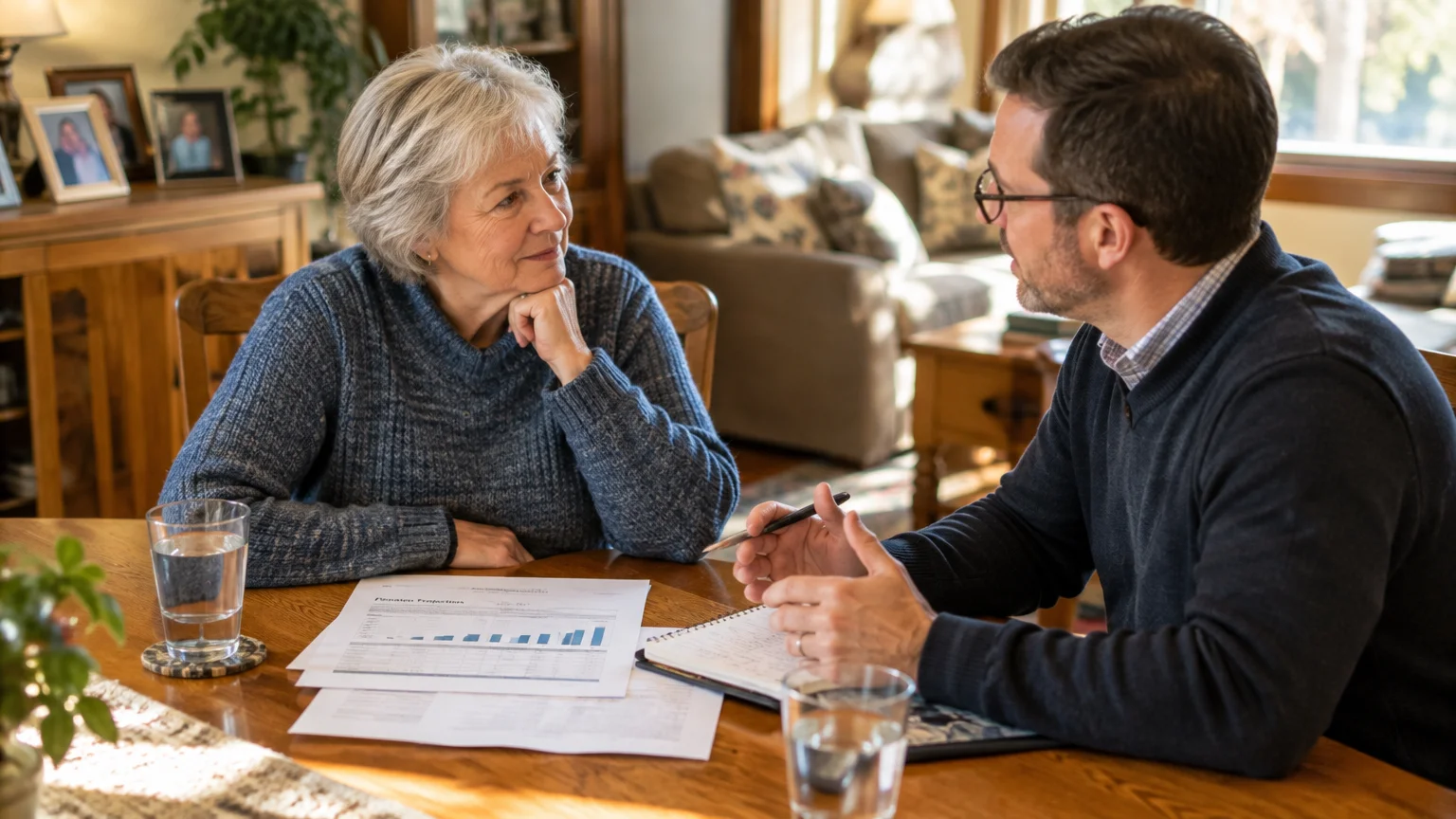 A mature woman in a blue sweater sits at a dining table listening to a man in glasses reviewing financial paperwork.