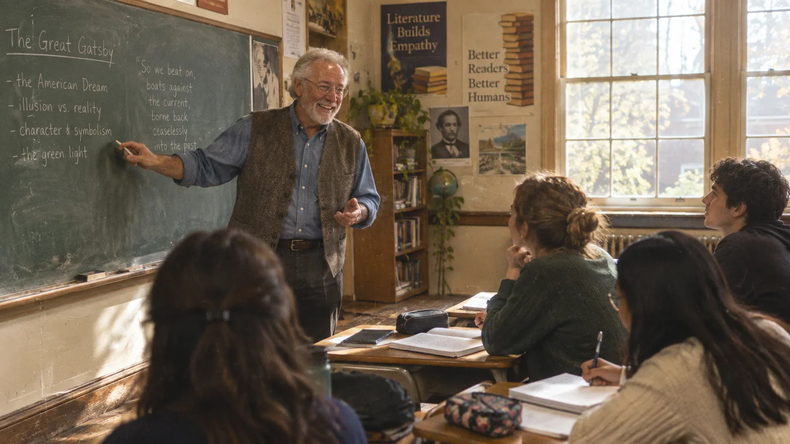 Older male teacher pointing at a chalkboard discussing The Great Gatsby while students sit at desks listening.