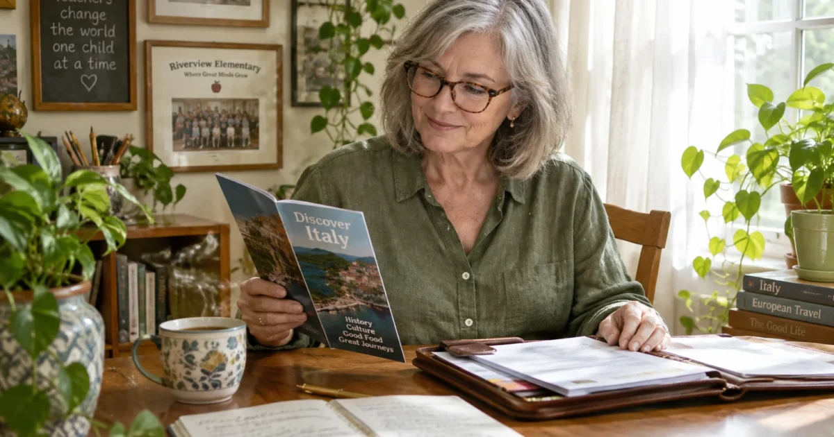 A smiling woman with glasses sits at a wooden table reading an Italy travel brochure near a steaming mug and open notebook.