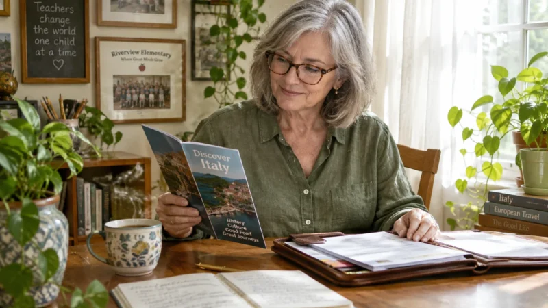 A smiling woman with glasses sits at a wooden table reading an Italy travel brochure near a steaming mug and open notebook.