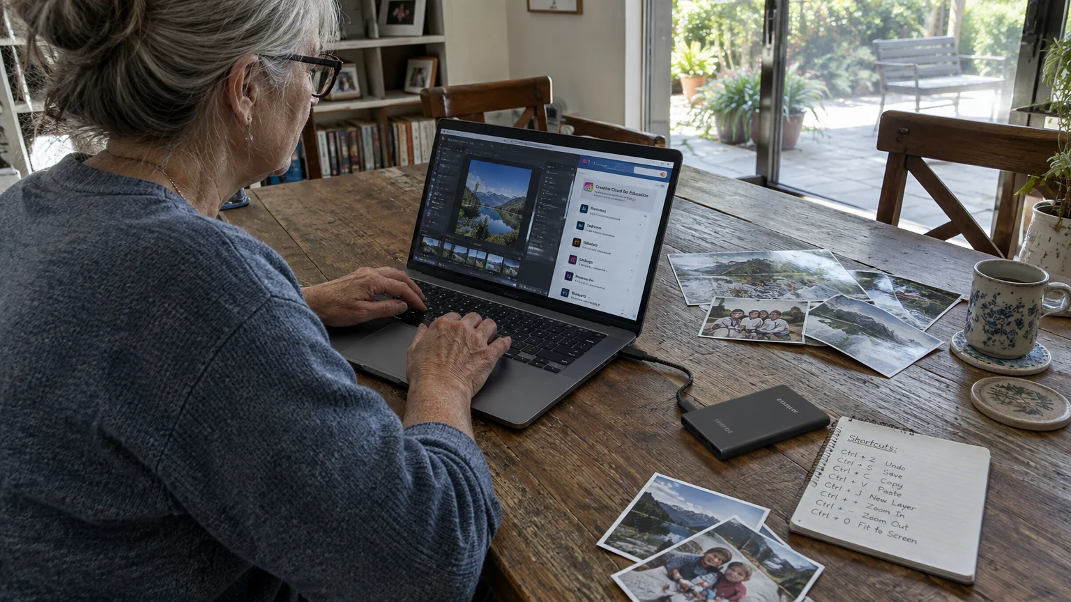 A woman with glasses works on photo editing software on a laptop at a rustic wooden table surrounded by printed photos.
