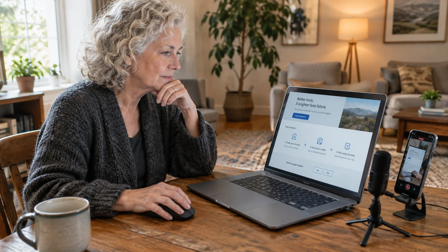 A senior woman looks at a laptop screen beside an external microphone and smartphone on a wooden desk.