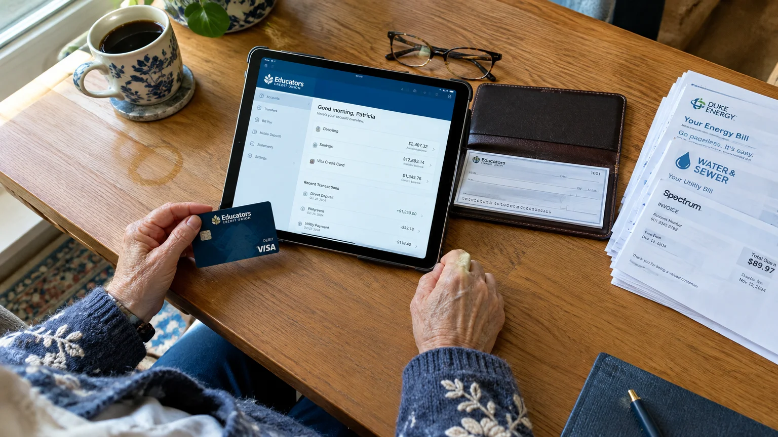 Person at a wooden desk holding an Educators Credit Union card in front of a tablet displaying an online banking portal.