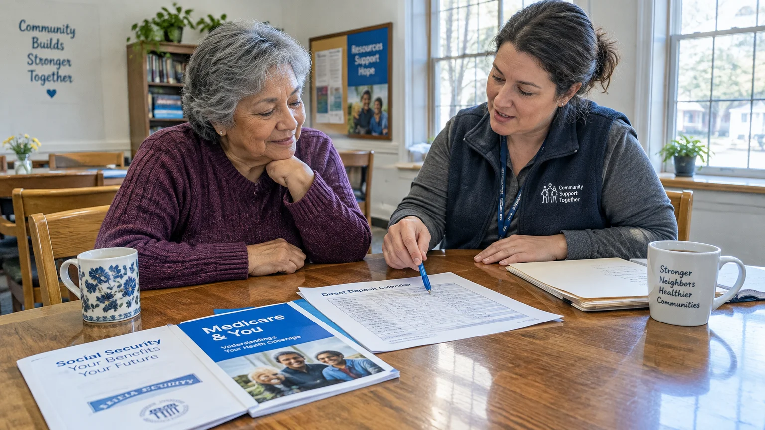 A counselor points to a direct deposit calendar on a table while advising a senior woman next to Medicare booklets.