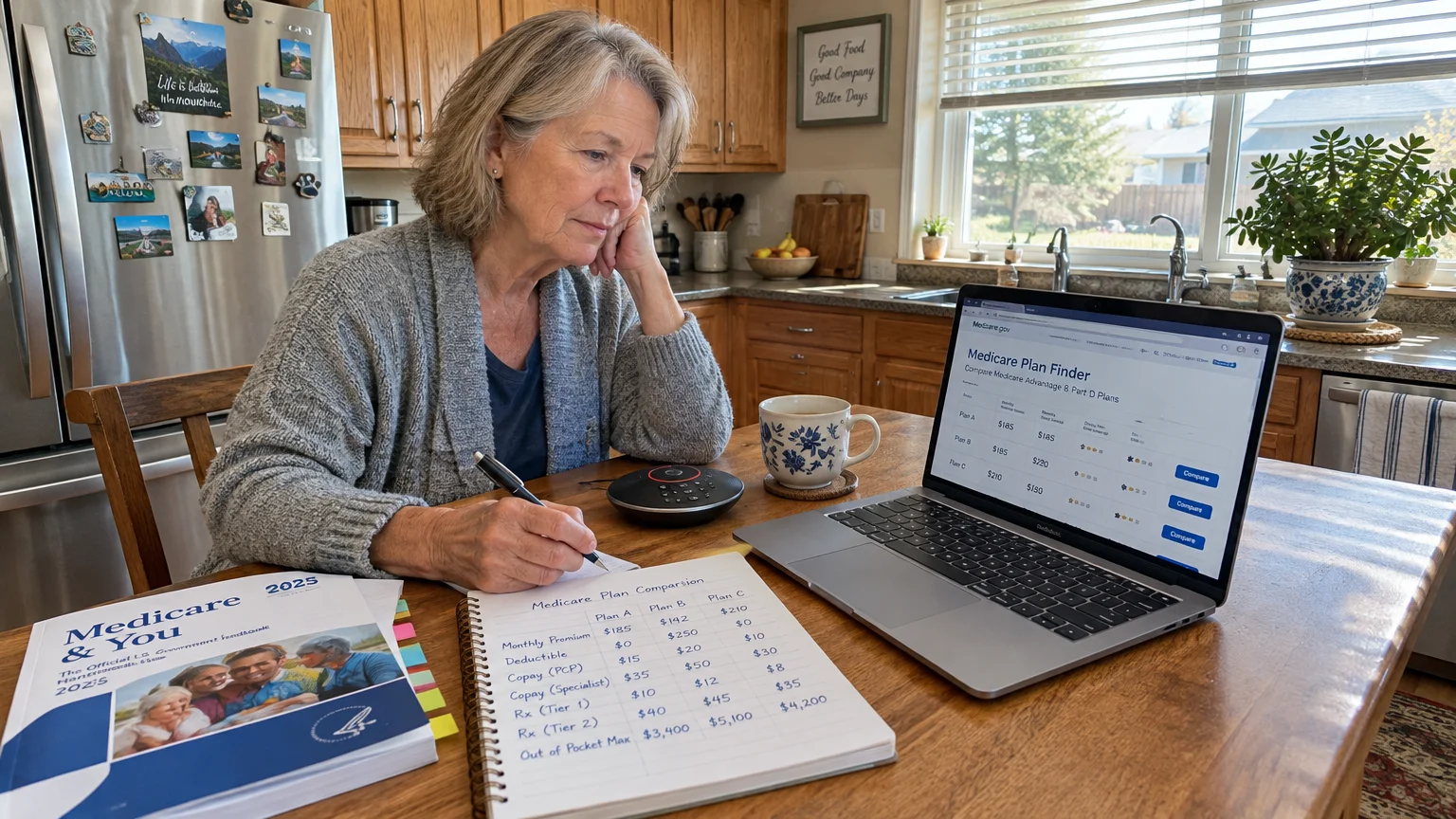 A senior woman reviews Medicare plans on a laptop while writing comparison notes at a kitchen table.
