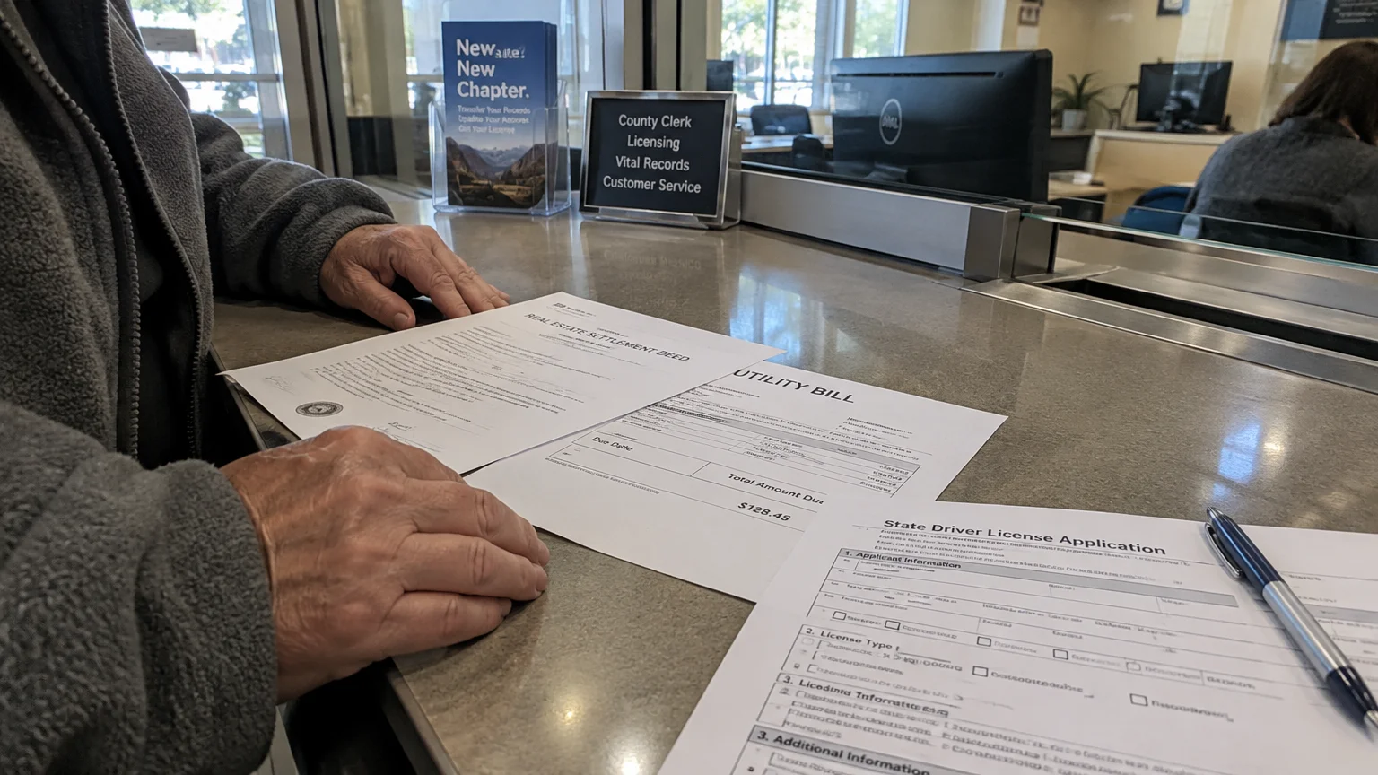 Person's hands on a county clerk counter with real estate settlement deed, utility bill, and driver license application.