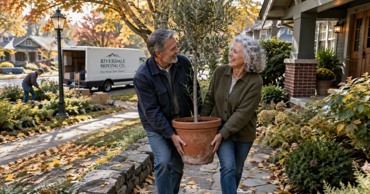 Smiling older couple carrying a potted tree toward their suburban home with a moving truck parked behind them.