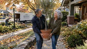 Smiling older couple carrying a potted tree toward their suburban home with a moving truck parked behind them.