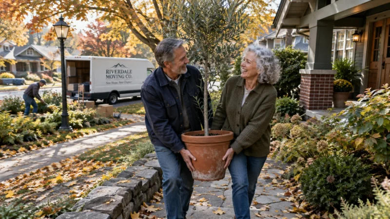 Smiling older couple carrying a potted tree toward their suburban home with a moving truck parked behind them.