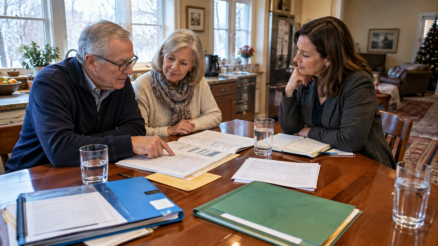 Senior couple seated at a dining table reviewing financial paperwork with a female professional in a blazer.