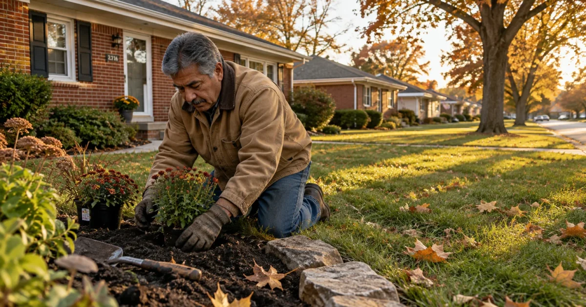 Man kneeling in a suburban front yard planting autumn flowers in a garden bed beside a brick home.