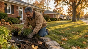 Man kneeling in a suburban front yard planting autumn flowers in a garden bed beside a brick home.