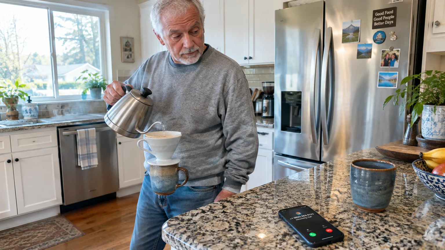 Man pouring hot water into a coffee filter in a kitchen while a smartphone rings with an incoming call on the counter.