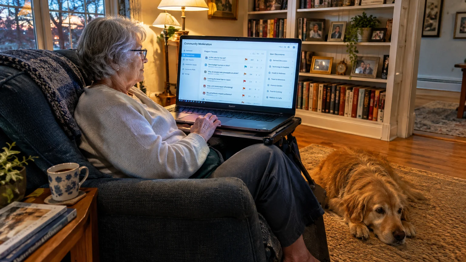 Senior woman in an armchair using a laptop showing a community moderation dashboard, with a dog lying on the rug.