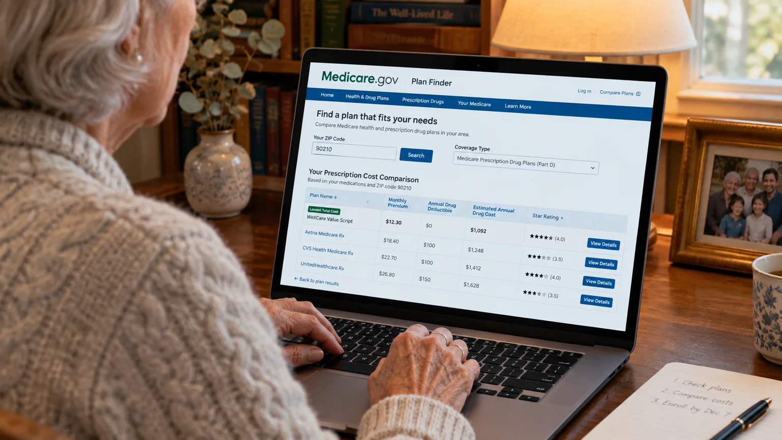 An older woman looks at the Medicare.gov Plan Finder cost comparison tool on a laptop at a desk.