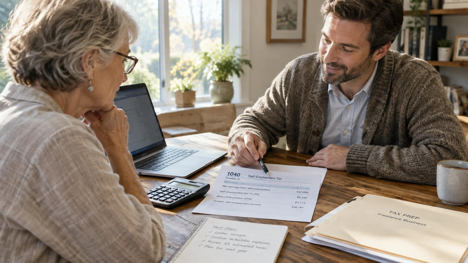 A man and woman reviewing self-employment tax paperwork, notes, and a laptop together at a wooden table.