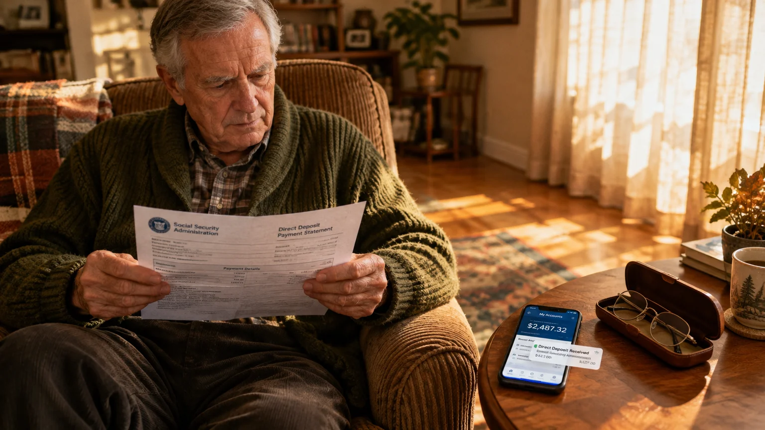 An older man in a green cardigan sits in an armchair reading a Social Security statement beside a smartphone.