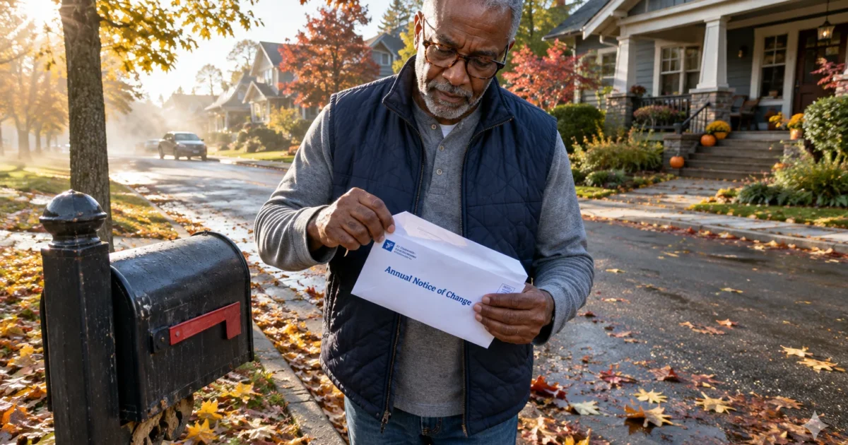 Man standing by a curbside mailbox opening an Annual Notice of Change envelope on an autumn suburban street.